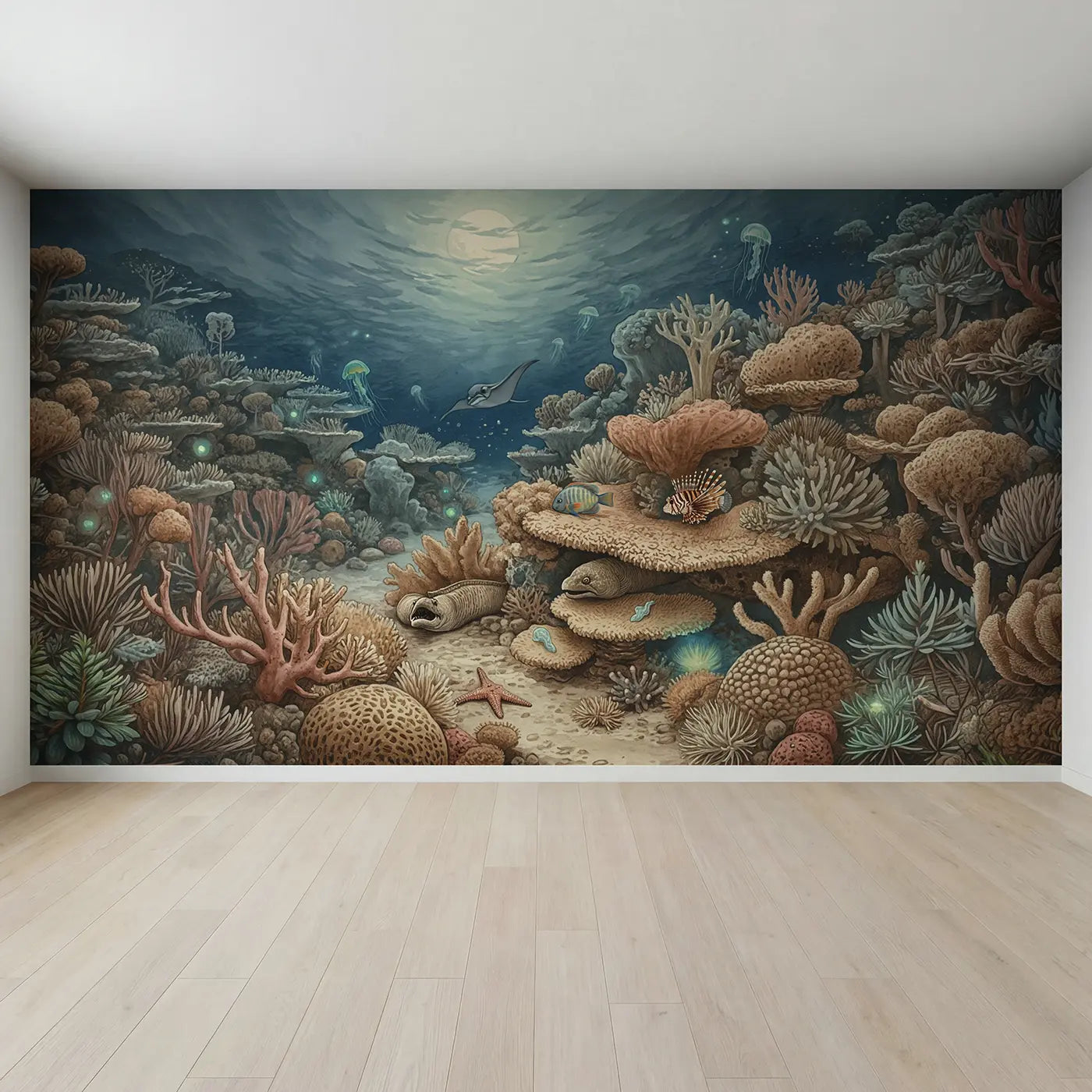 Full view of Moonlit Night Reef Wallpaper Mural by Whimsy Tots