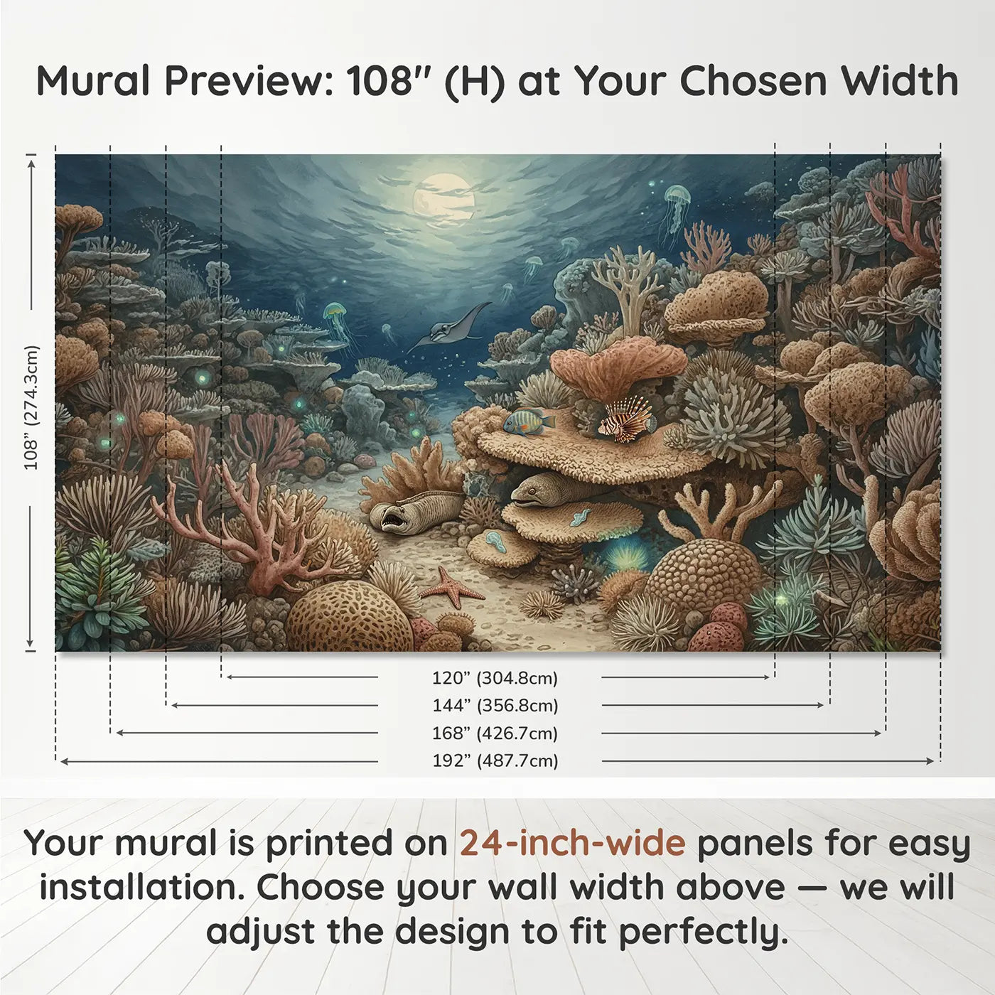 Panel layout and dimensions for Moonlit Night Reef Wallpaper Mural by Whimsy Tots