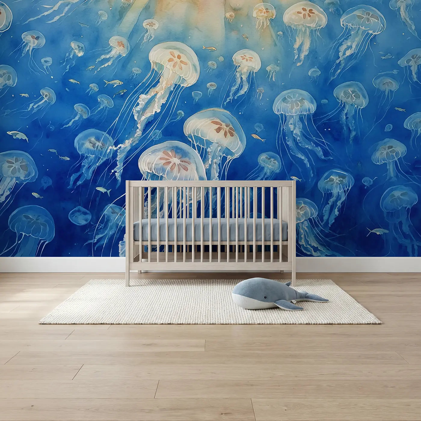 Watercolor jellyfish bloom ocean drift wallpaper mural for nursery by Whimsy Tots