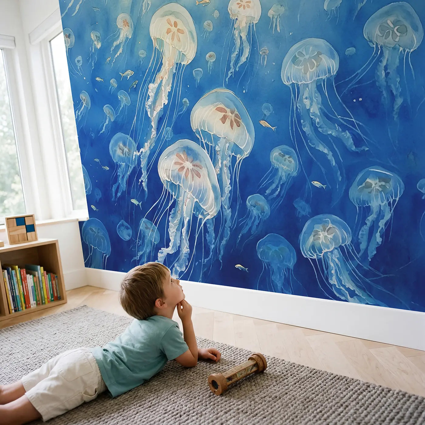 Child in nursery with Jellyfish Bloom Drift Wallpaper Mural by Whimsy Tots