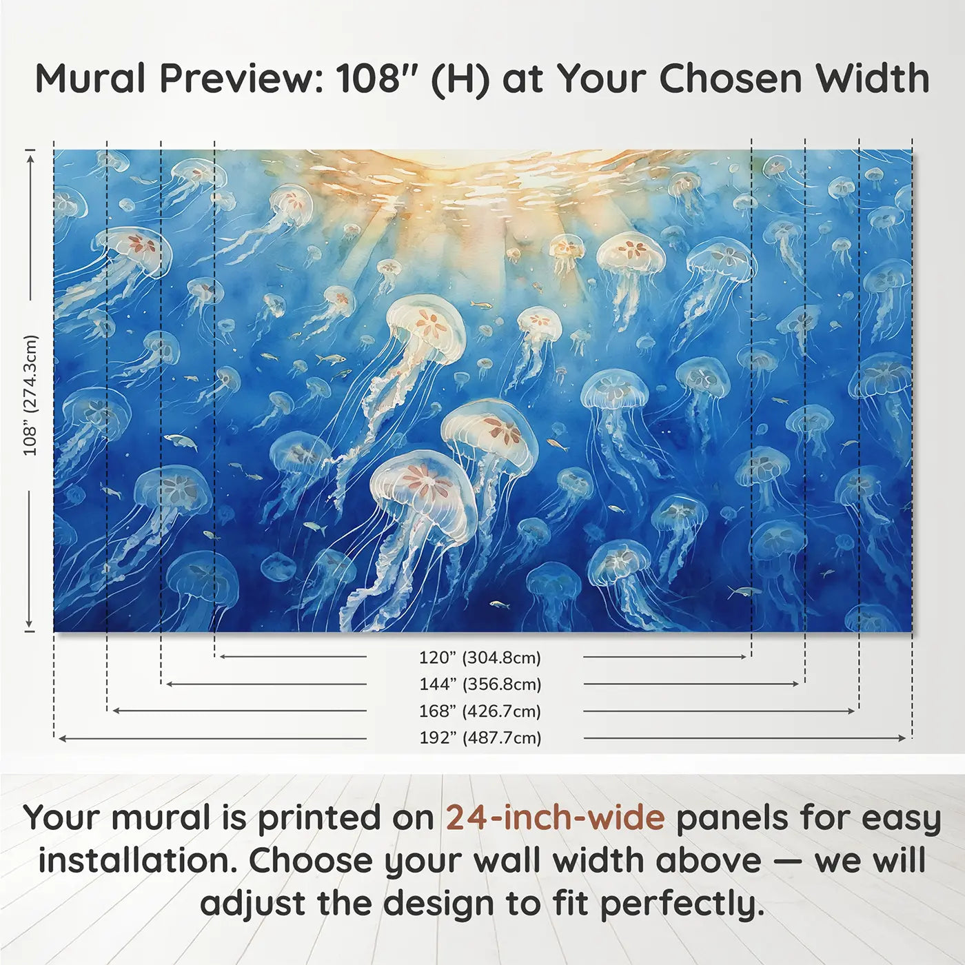 Panel layout and dimensions for Jellyfish Bloom Drift Wallpaper Mural by Whimsy Tots