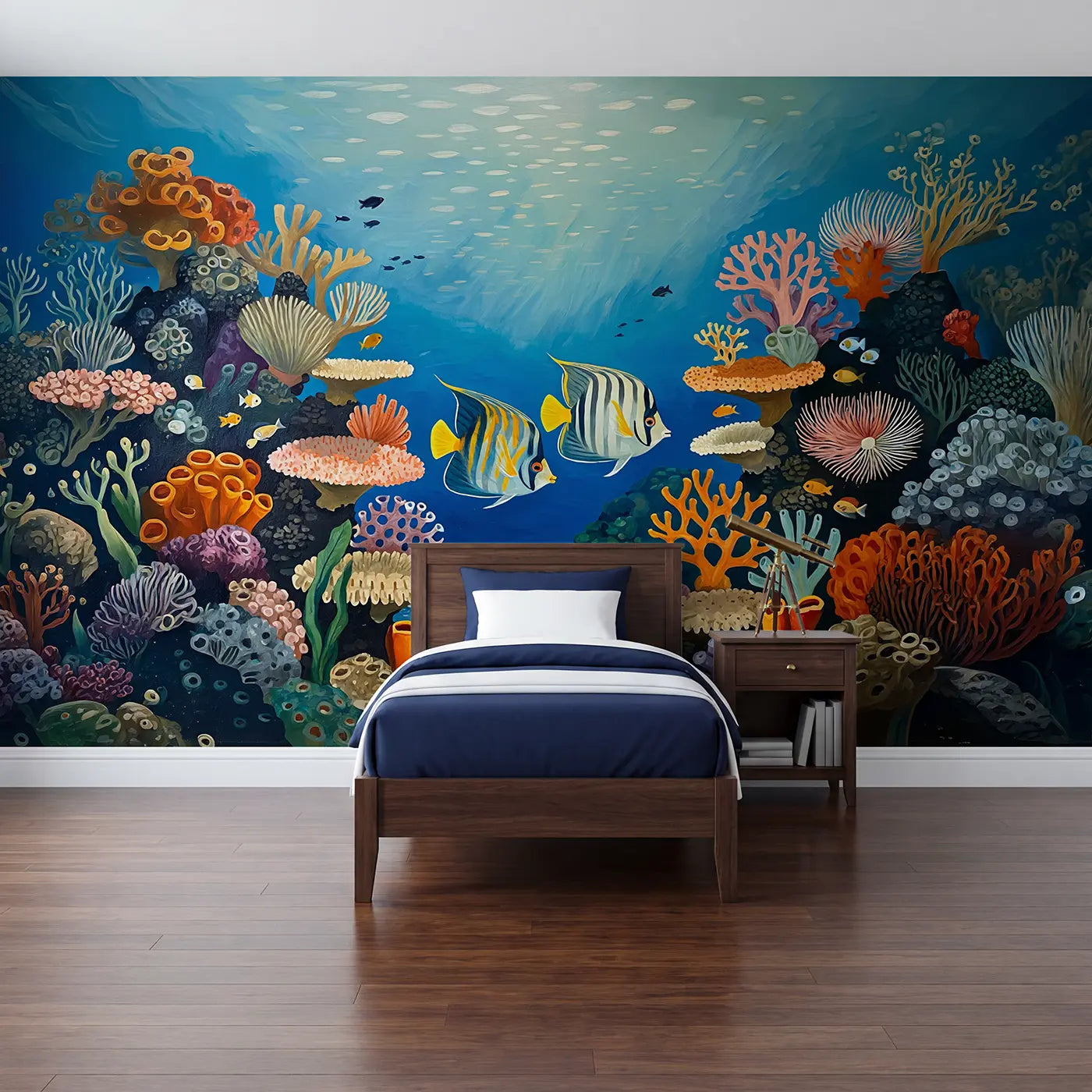 Modern illustration angelfish coral reef wallpaper mural for kids room by Whimsy Tots