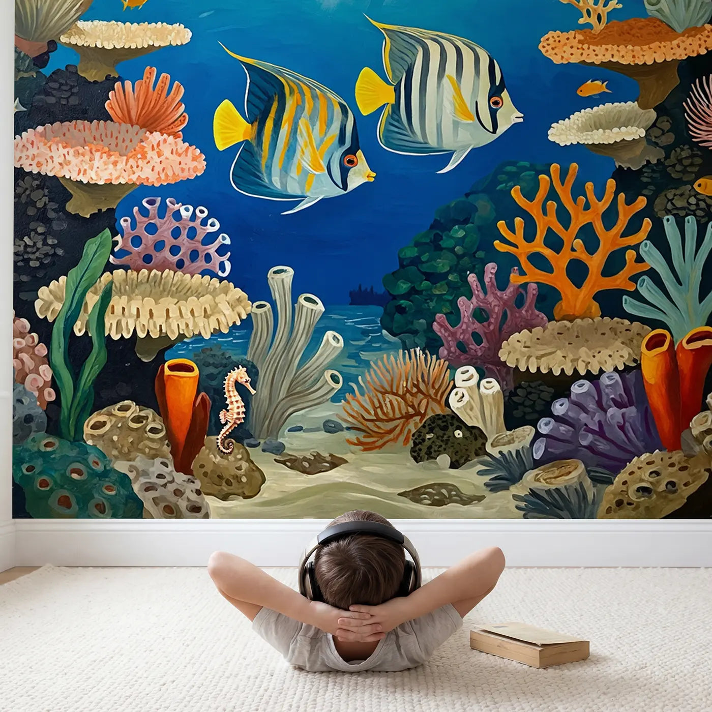 Child in nursery with Angelfish Pair Reef Wallpaper Mural by Whimsy Tots