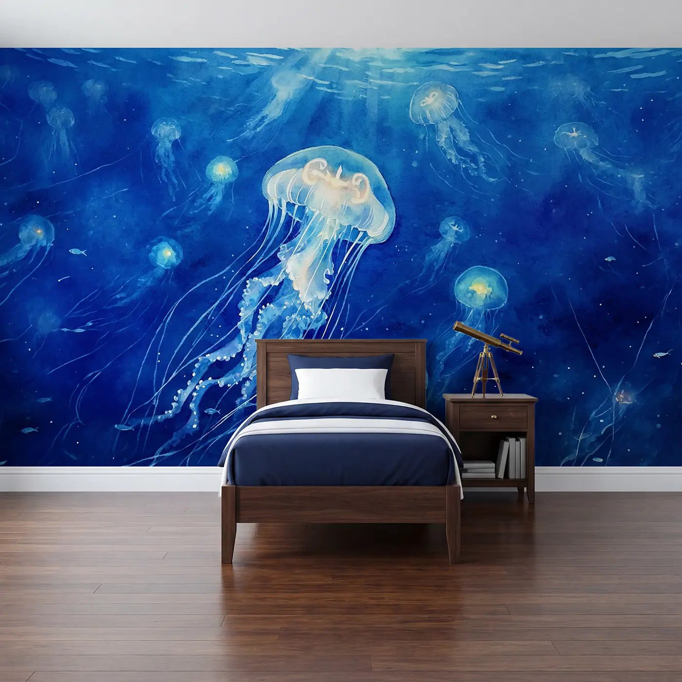 Watercolor jellyfish and fish wallpaper mural for kids room by Whimsy Tots