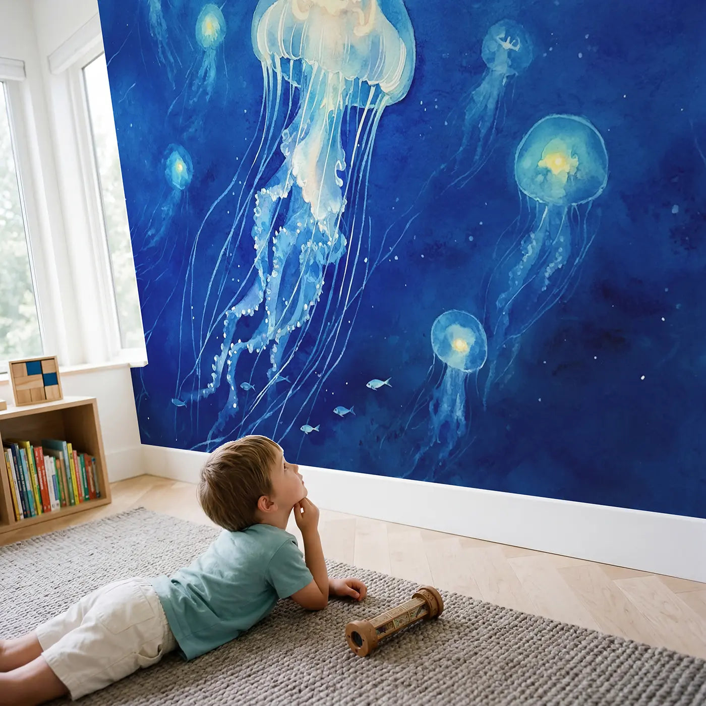 Child in nursery with Jellyfish Luminous Deep Blue Wallpaper Mural by Whimsy Tots