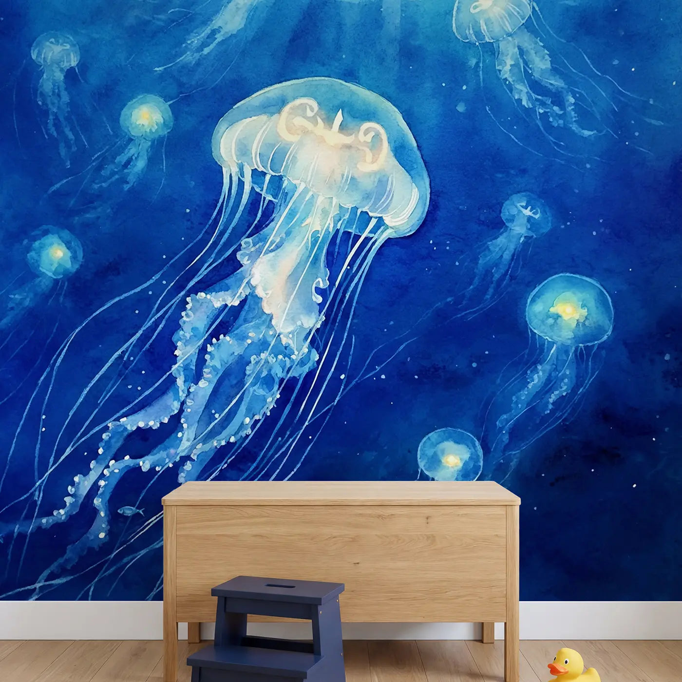 Jellyfish Luminous Deep Blue Wallpaper Mural in playroom setting by Whimsy Tots