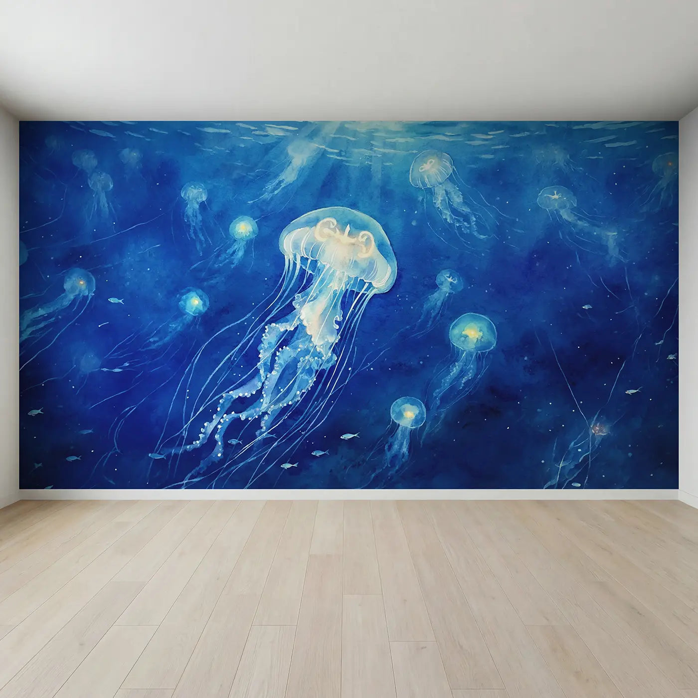 Full view of Jellyfish Luminous Deep Blue Wallpaper Mural by Whimsy Tots