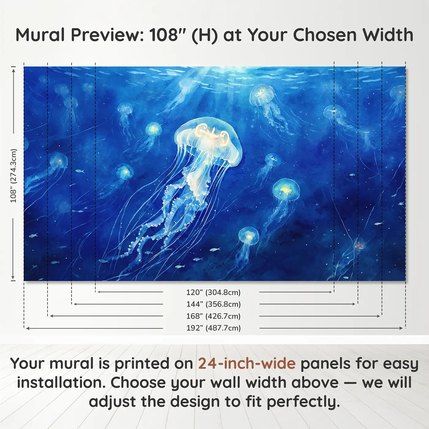 Panel layout and dimensions for Jellyfish Luminous Deep Blue Wallpaper Mural by Whimsy Tots