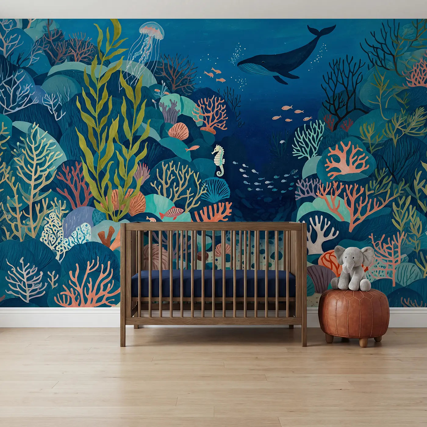 Modern illustration coral and fish ocean wallpaper mural for kids room by Whimsy Tots