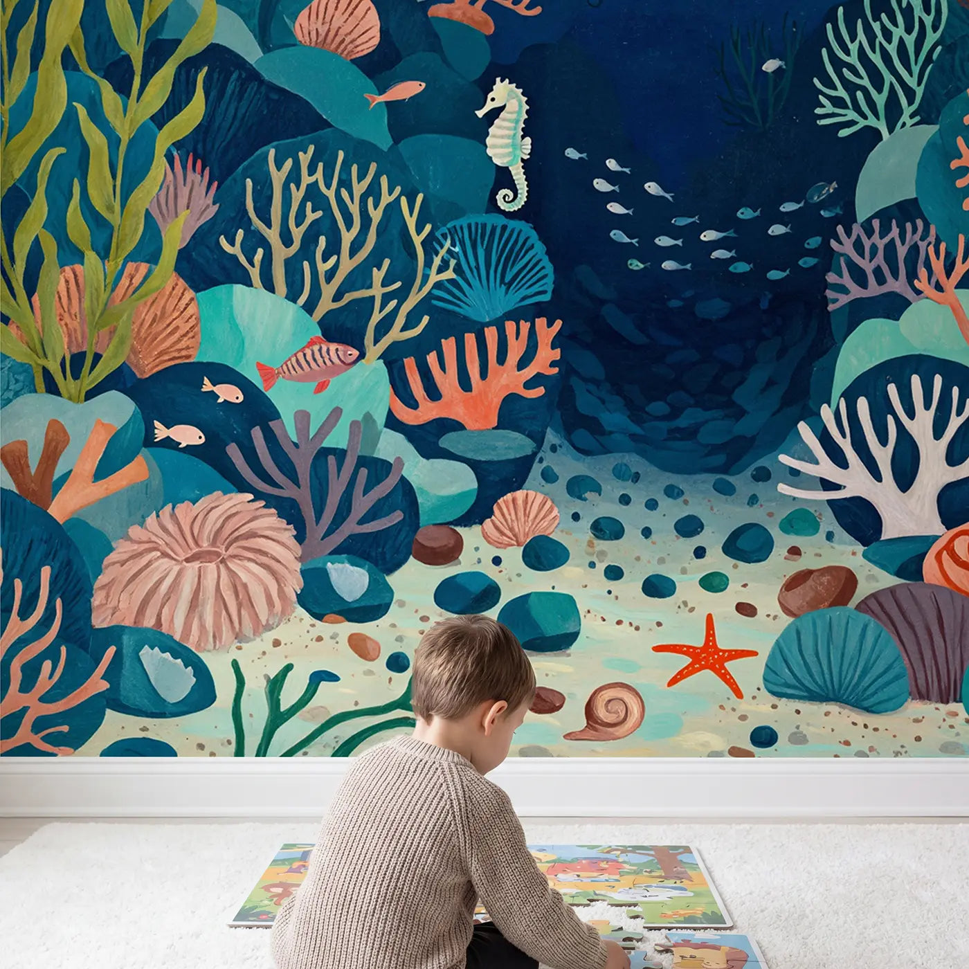 Child in nursery with Deep Ocean Reef Wallpaper Mural by Whimsy Tots
