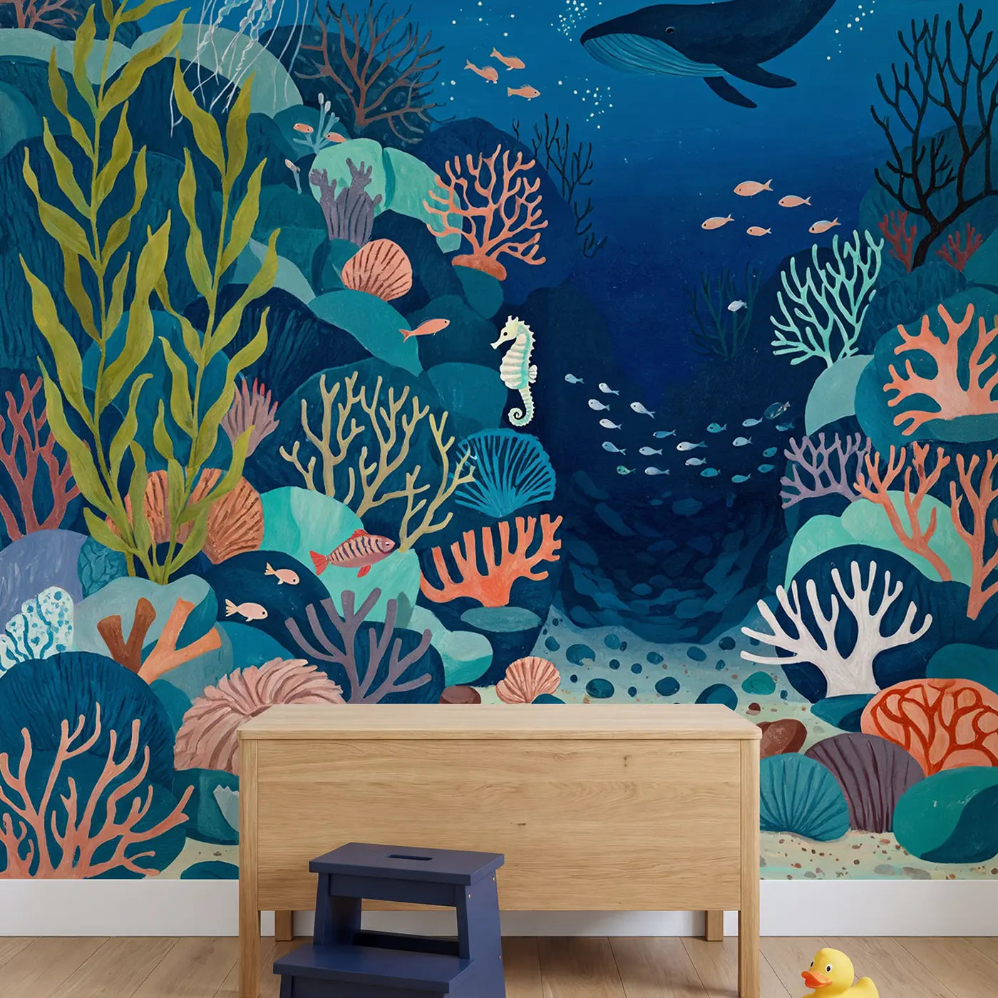 Deep Ocean Reef Wallpaper Mural in playroom setting by Whimsy Tots