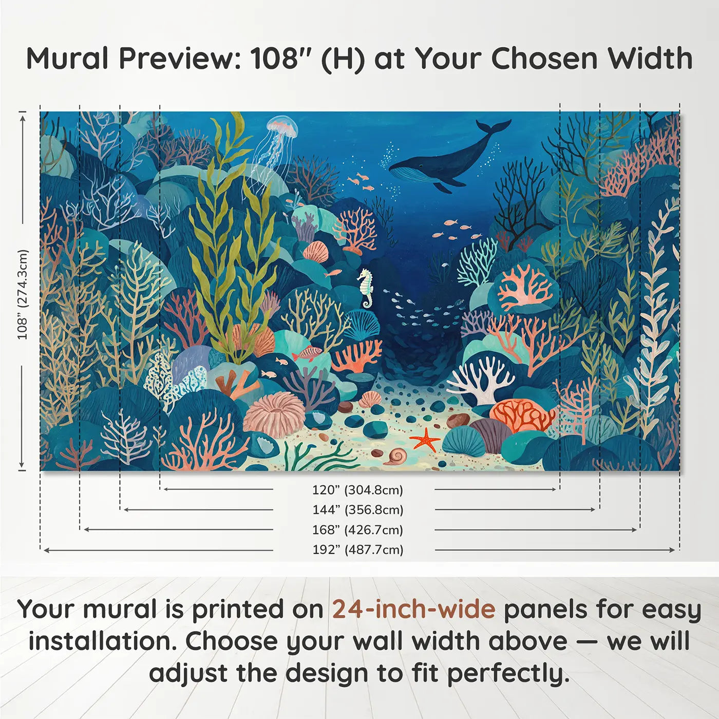Panel layout and dimensions for Deep Ocean Reef Wallpaper Mural by Whimsy Tots