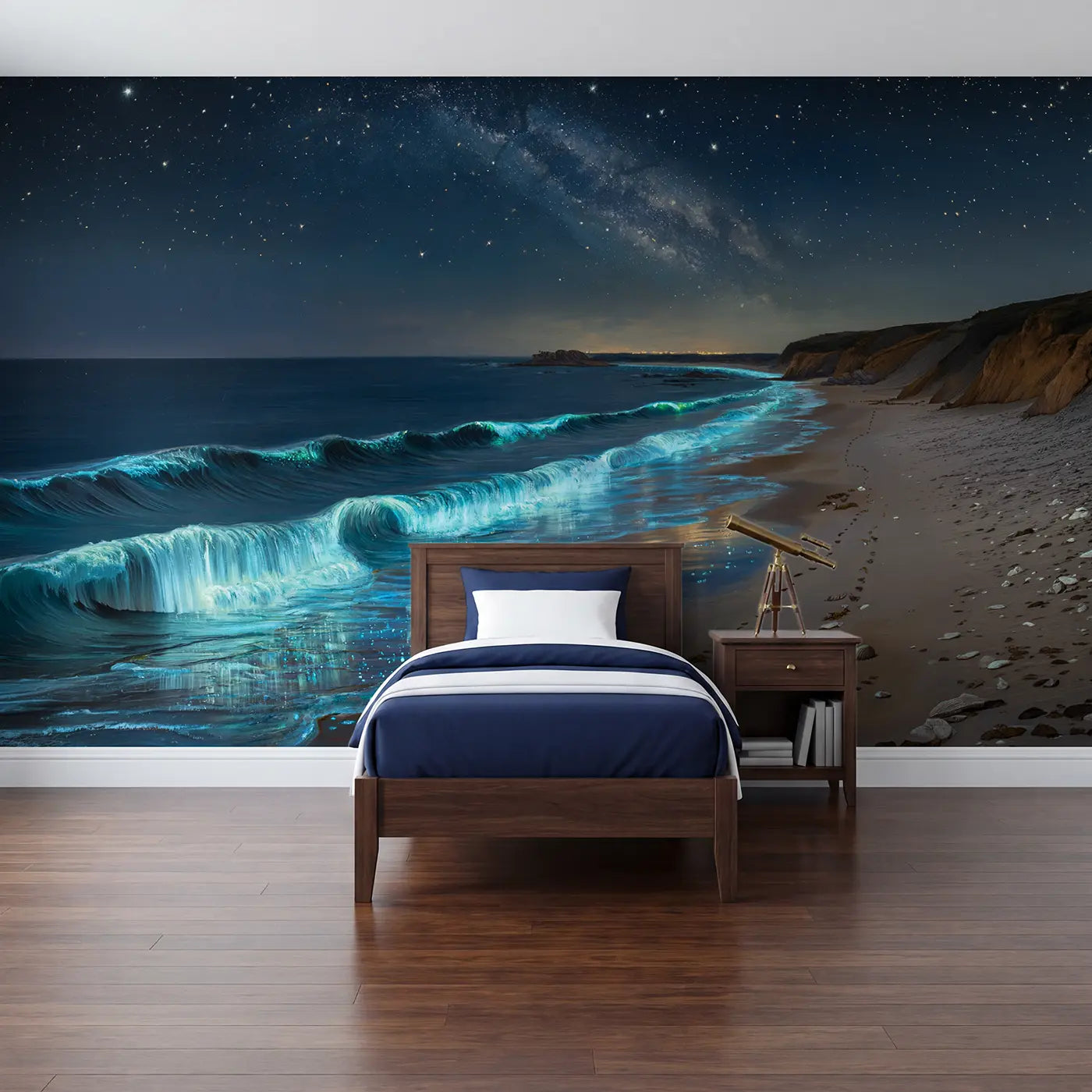 Painted Landscape bioluminescent shore night wallpaper mural for kids room by Whimsy Tots