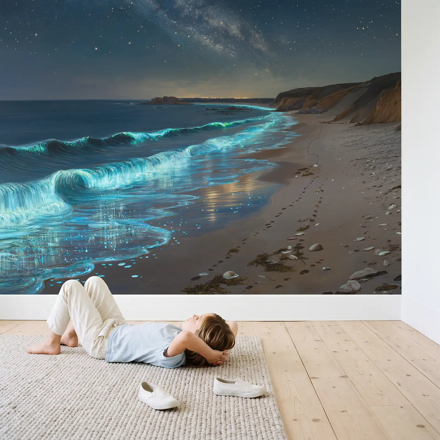 Child in nursery with Bioluminescent Shore Night Wallpaper Mural by Whimsy Tots