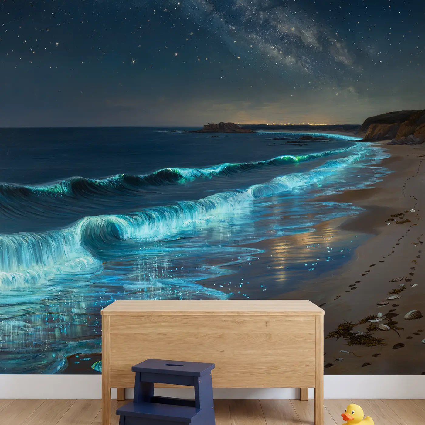 Bioluminescent Shore Night Wallpaper Mural in playroom setting by Whimsy Tots