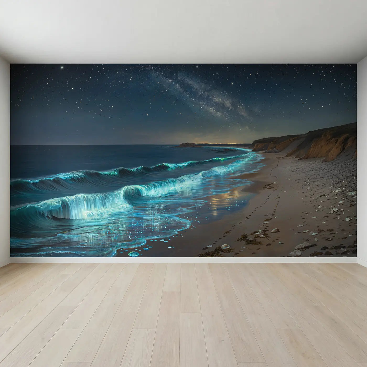 Full view of Bioluminescent Shore Night Wallpaper Mural by Whimsy Tots