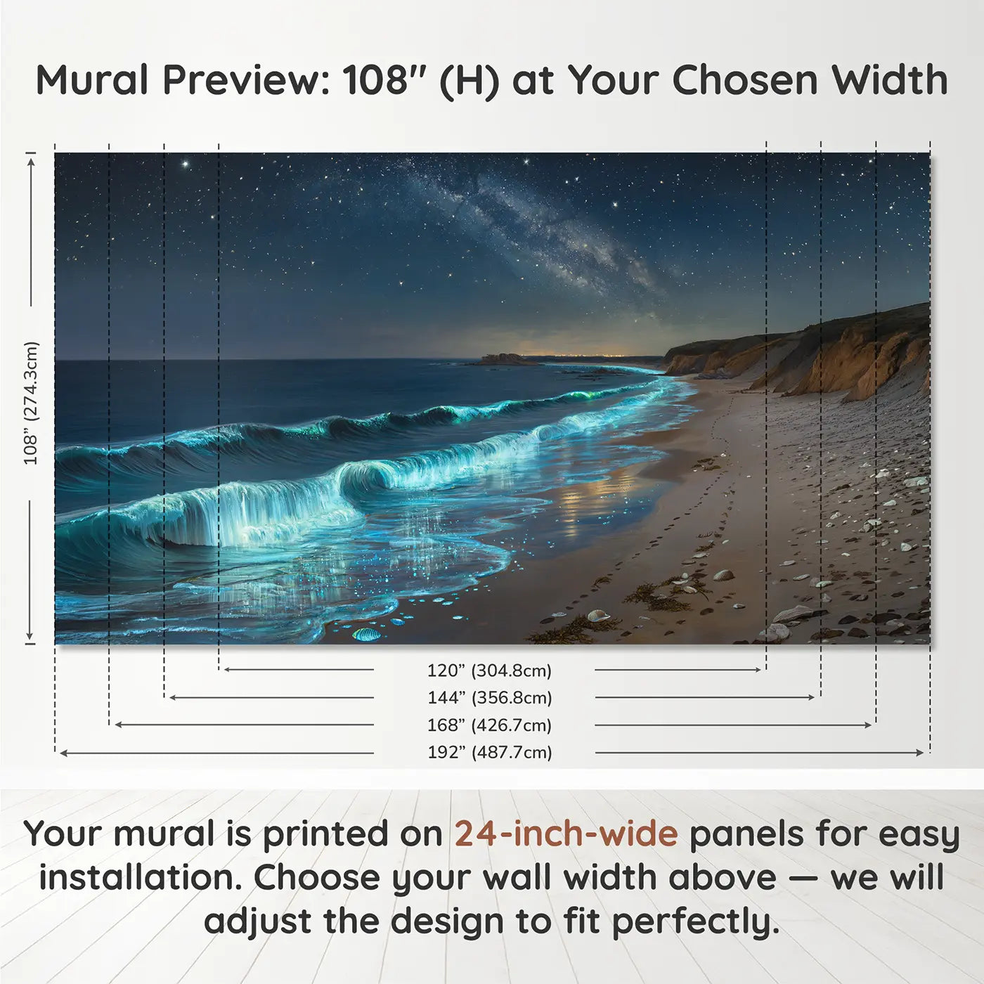 Panel layout and dimensions for Bioluminescent Shore Night Wallpaper Mural by Whimsy Tots