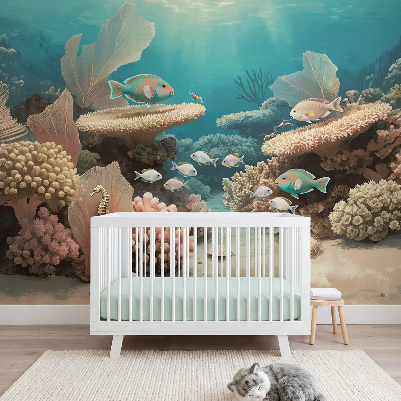Soft pastel fish ocean wallpaper mural for kids room by Whimsy Tots