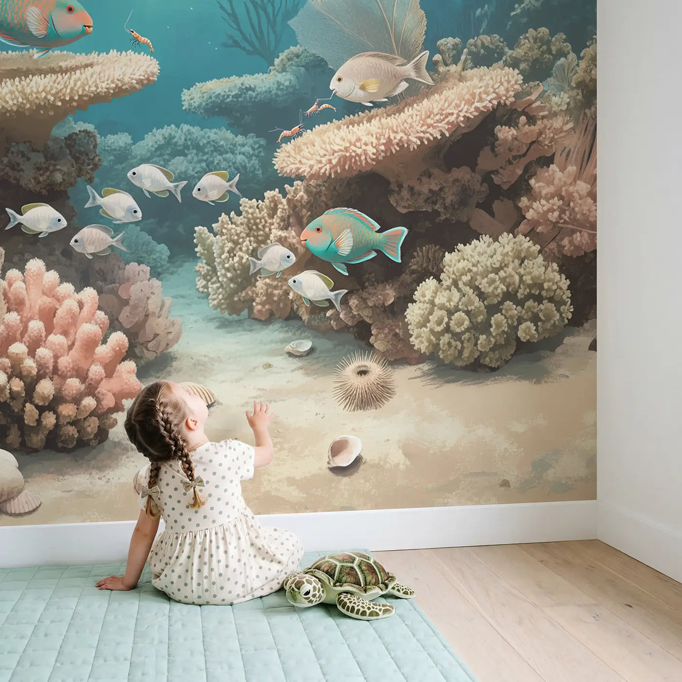 Child in nursery with Reef Cleaning Station Wallpaper Mural by Whimsy Tots