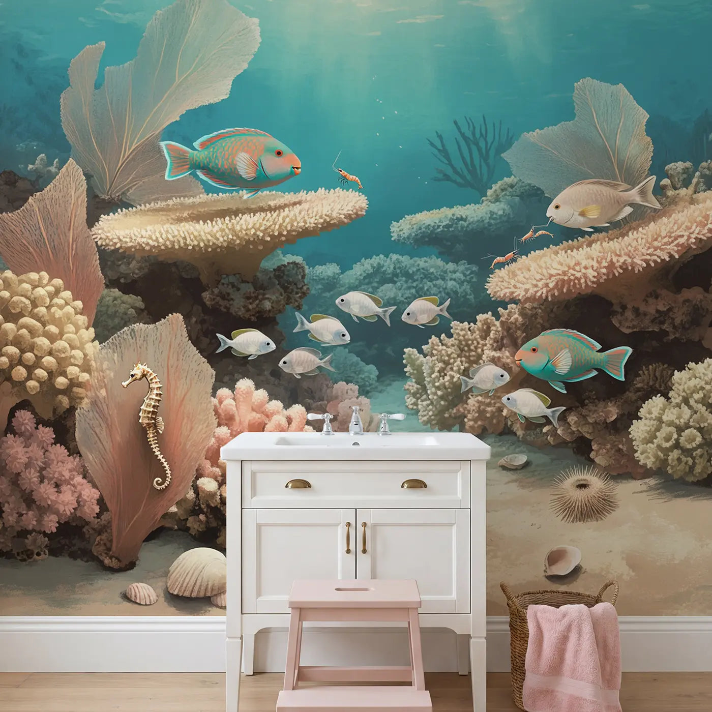 Reef Cleaning Station Wallpaper Mural in playroom setting by Whimsy Tots