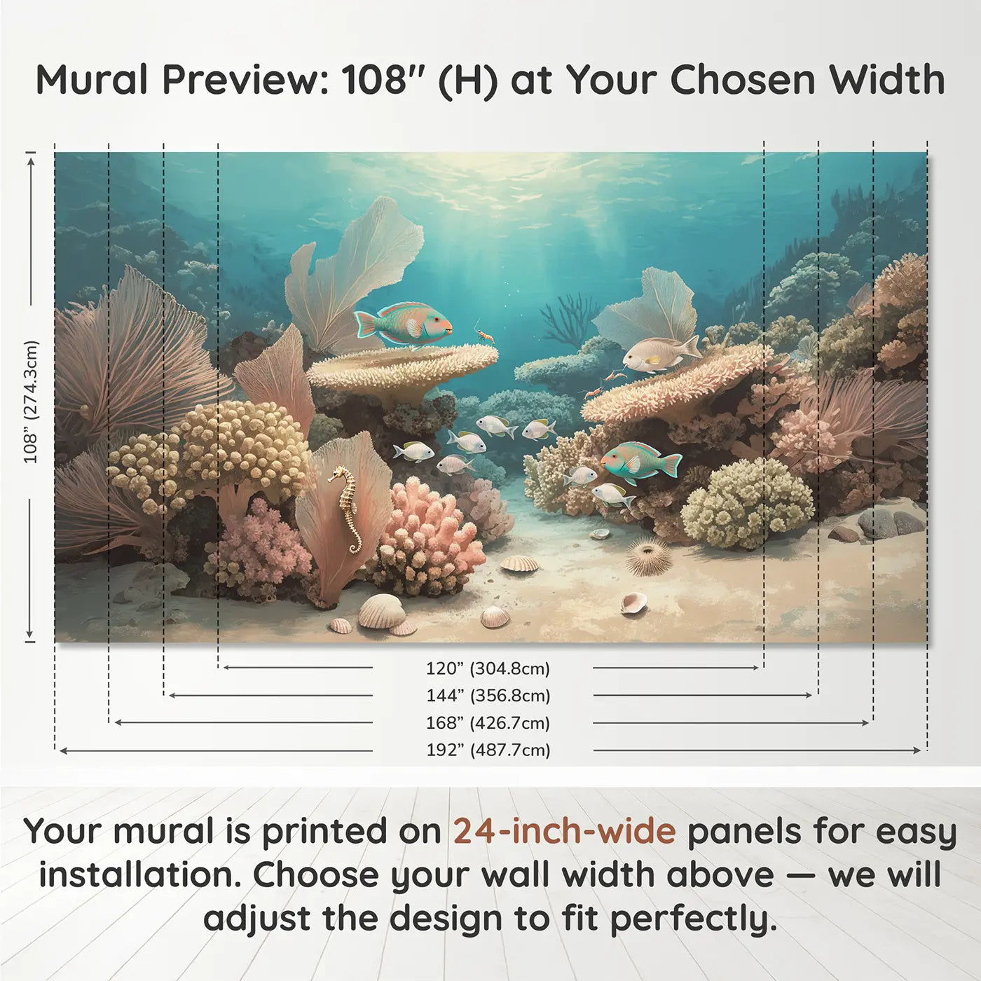 Panel layout and dimensions for Reef Cleaning Station Wallpaper Mural by Whimsy Tots