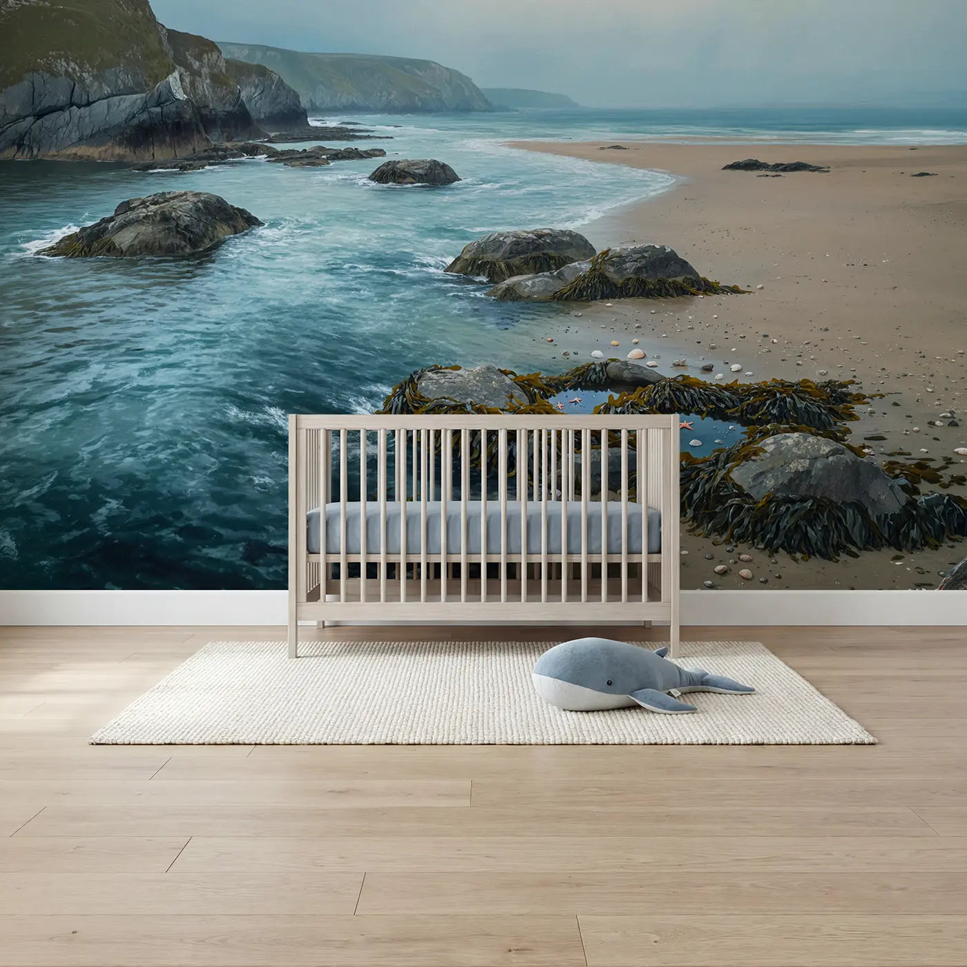 Soft pastel kelp coastline ocean wallpaper mural for kids room by Whimsy Tots