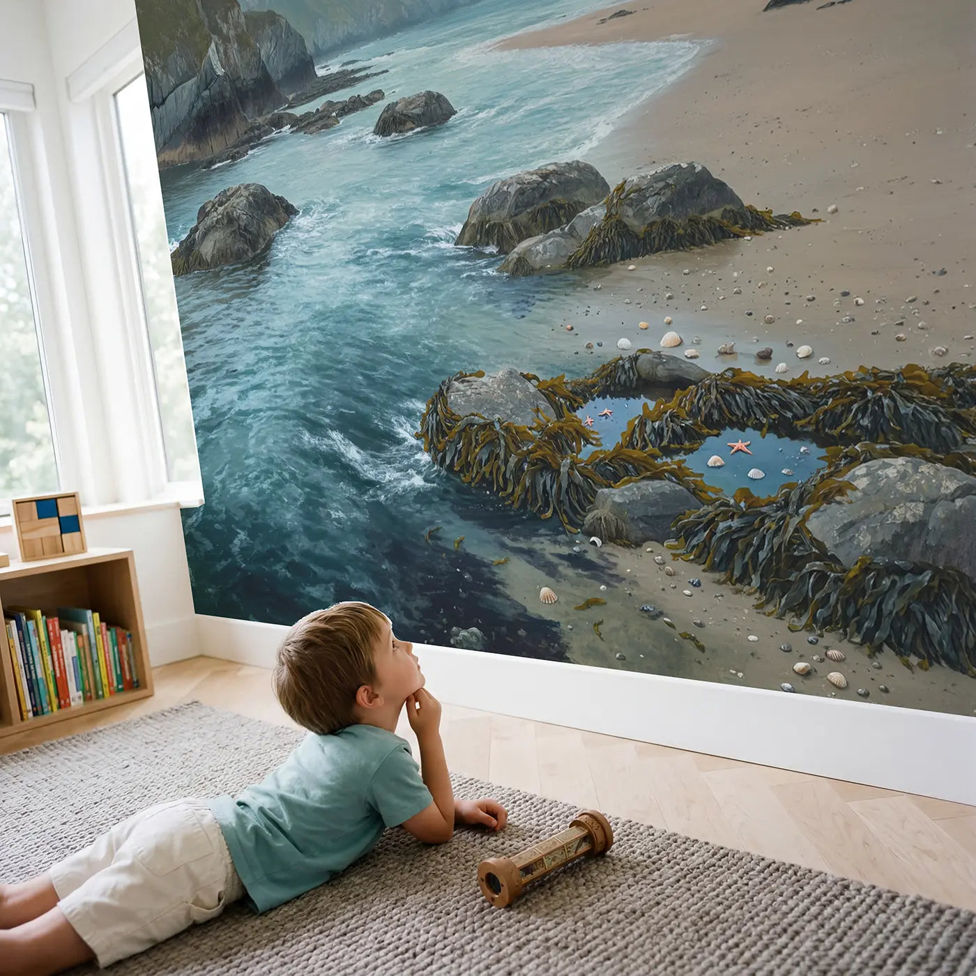 Child in nursery with Kelp Channel Coastline Wallpaper Mural by Whimsy Tots