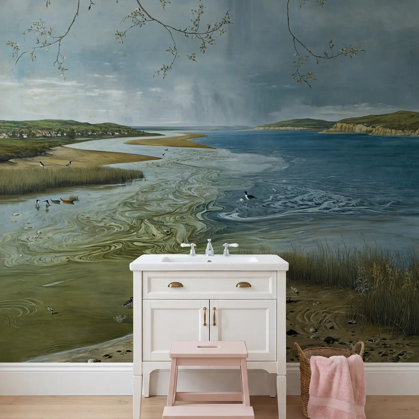 Estuary River Meets Sea Wallpaper Mural in playroom setting by Whimsy Tots