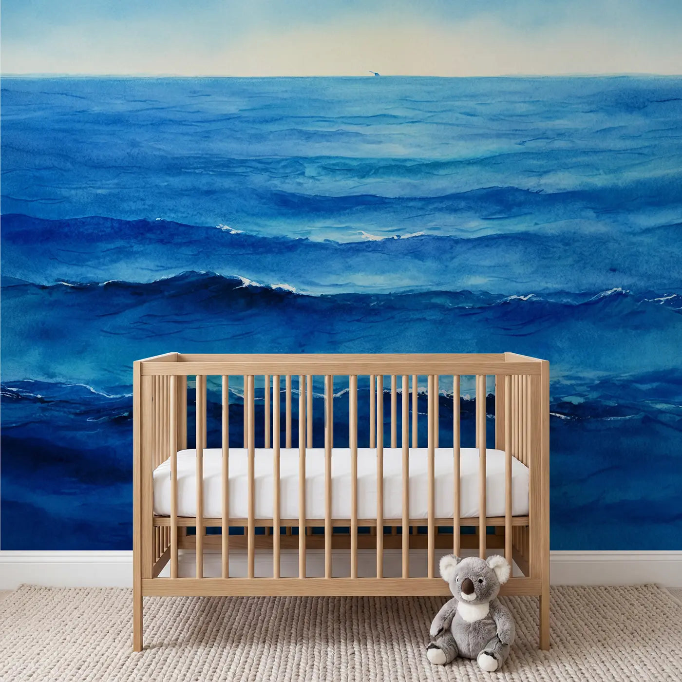 Watercolor open ocean whale wallpaper mural for nursery by Whimsy Tots