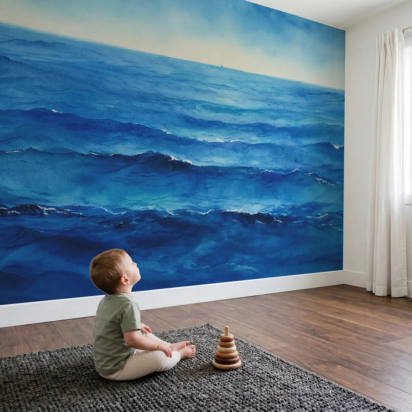 Child in nursery with Infinite Blue Open Ocean Wallpaper Mural by Whimsy Tots