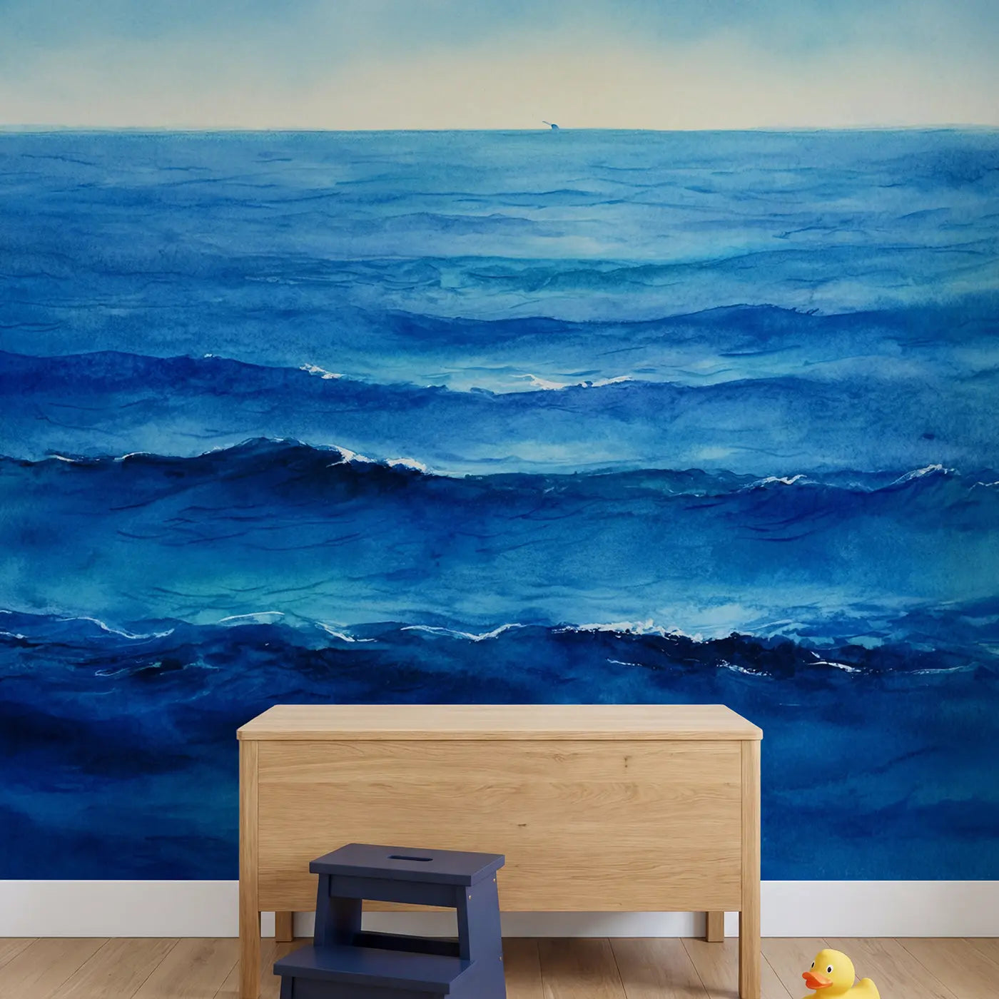 Infinite Blue Open Ocean Wallpaper Mural in playroom setting by Whimsy Tots