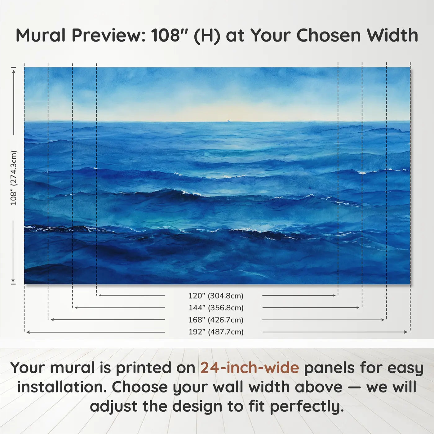 Panel layout and dimensions for Infinite Blue Open Ocean Wallpaper Mural by Whimsy Tots