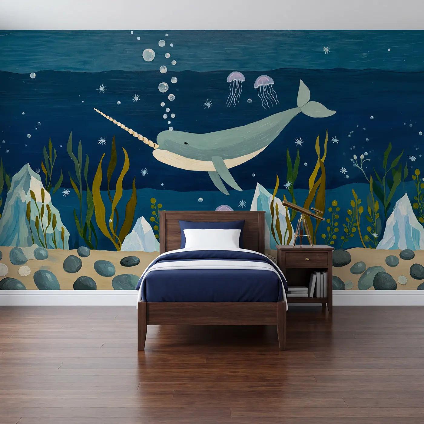 Modern illustration narwhal and tusk ocean wallpaper mural for kids room by Whimsy Tots
