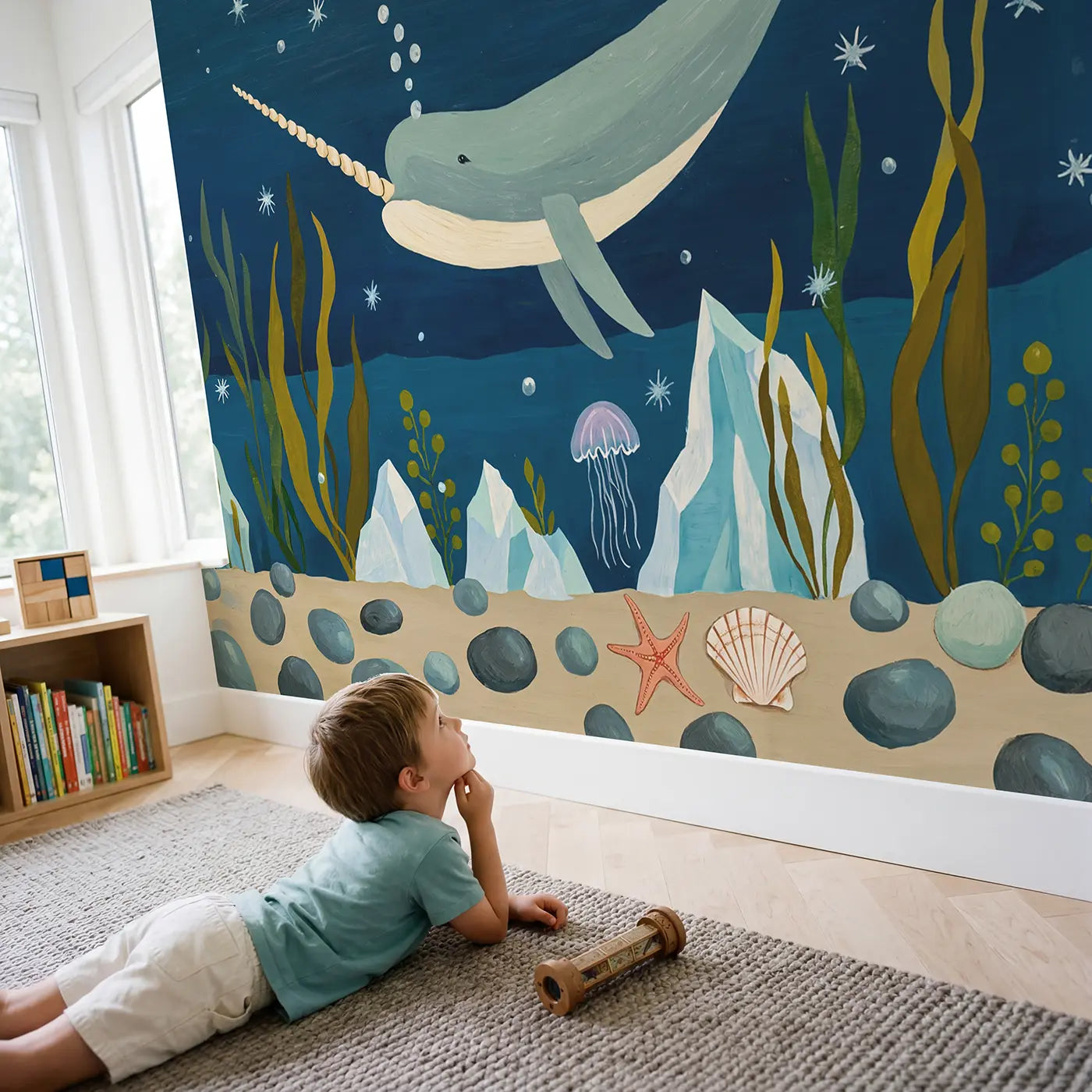 Child in nursery with Arctic Narwhal Fantasy Wallpaper Mural by Whimsy Tots