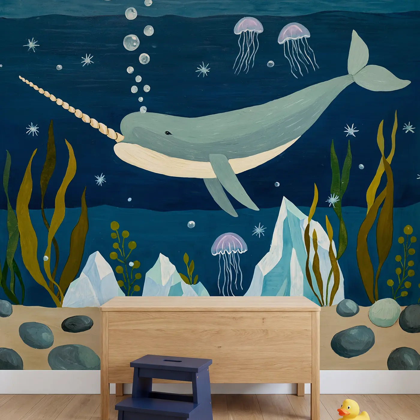 Arctic Narwhal Fantasy Wallpaper Mural in playroom setting by Whimsy Tots