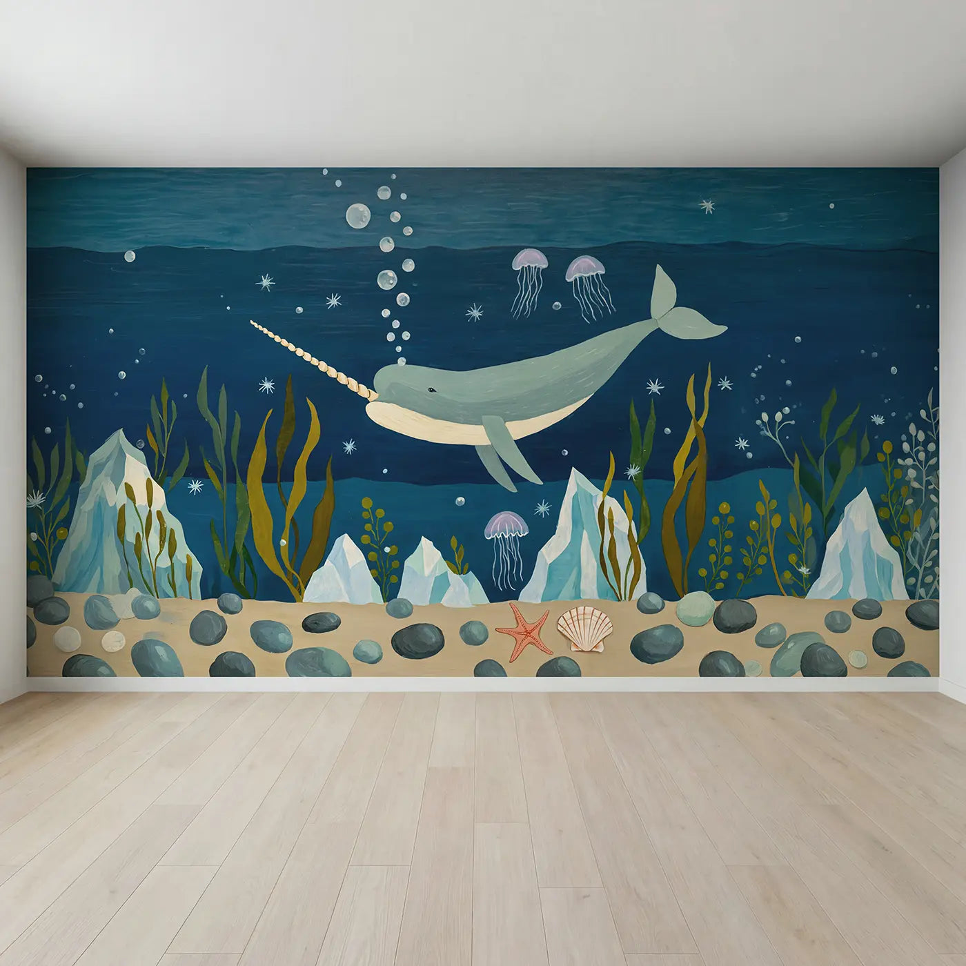 Full view of Arctic Narwhal Fantasy Wallpaper Mural by Whimsy Tots