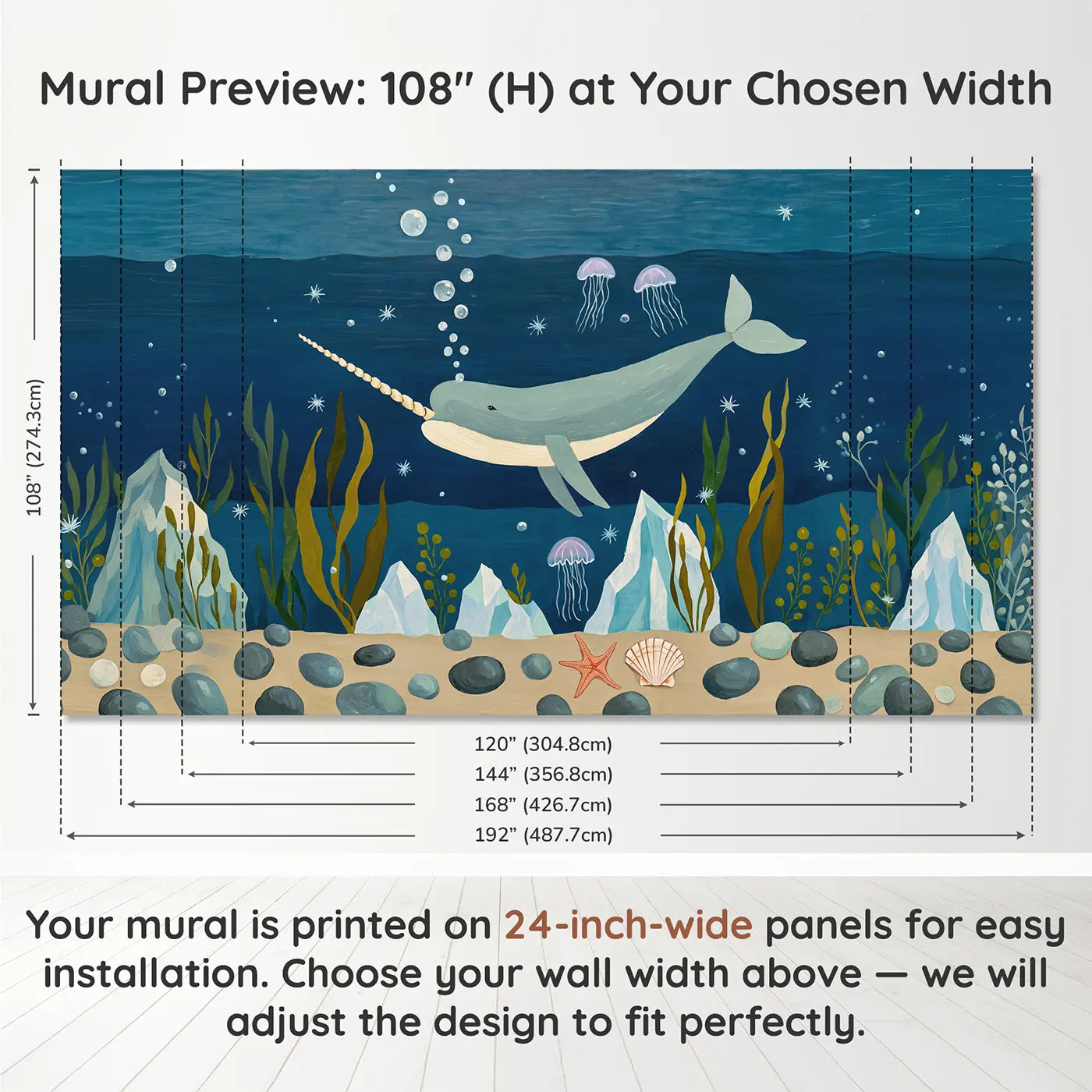 Panel layout and dimensions for Arctic Narwhal Fantasy Wallpaper Mural by Whimsy Tots