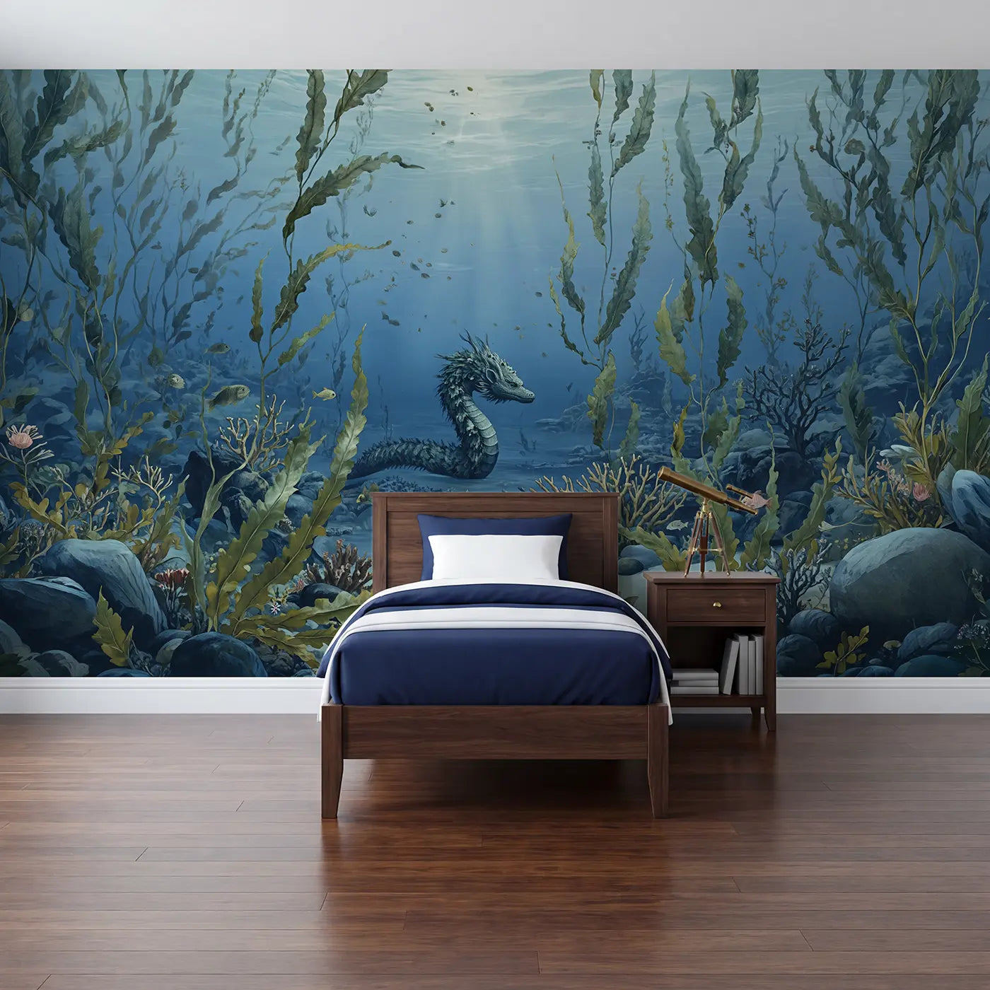 botanical elegance sea dragon kelp forest ocean wallpaper mural for kids room by Whimsy Tots