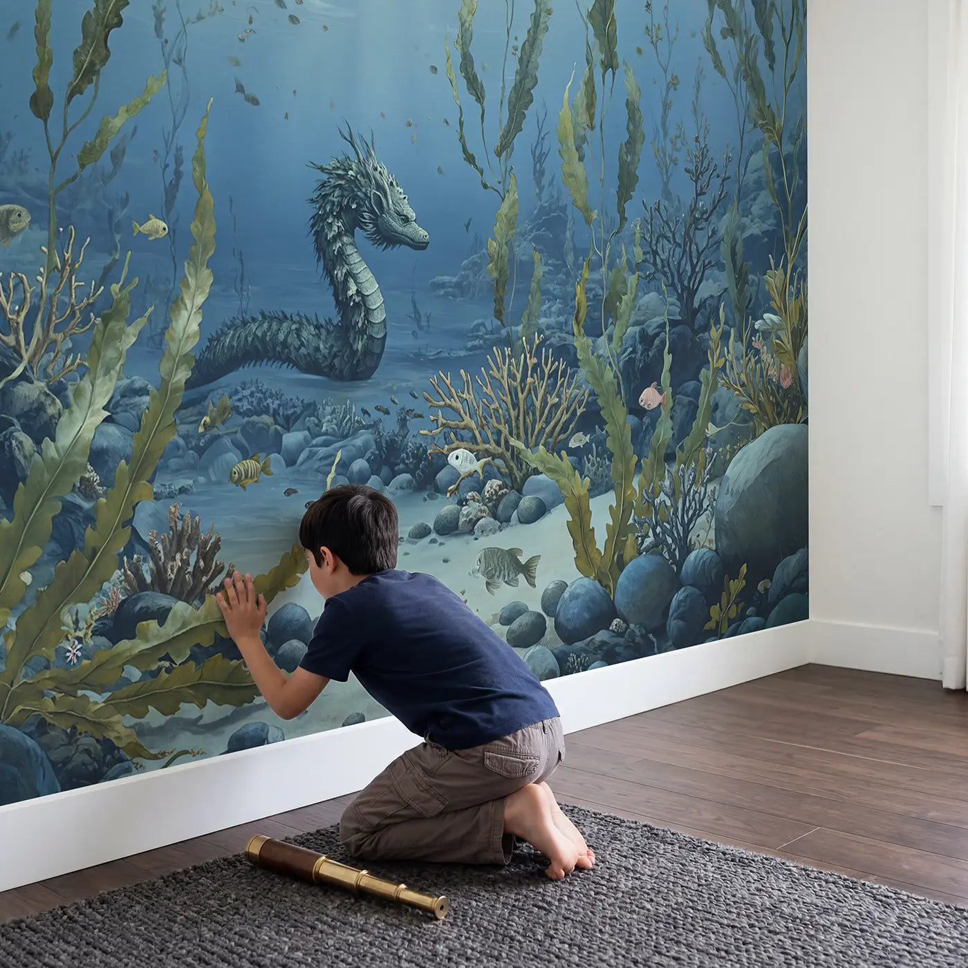Child in nursery with Sea Dragon Camouflaged As Wallpaper Mural by Whimsy Tots