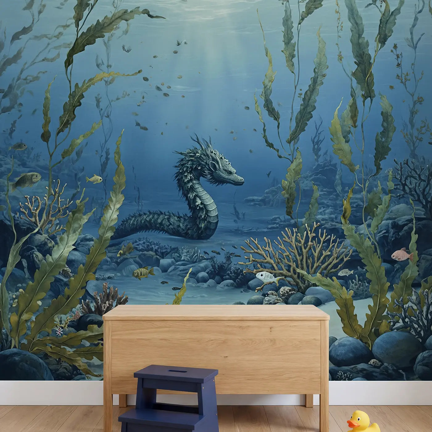 Sea Dragon Camouflaged As Wallpaper Mural in playroom setting by Whimsy Tots