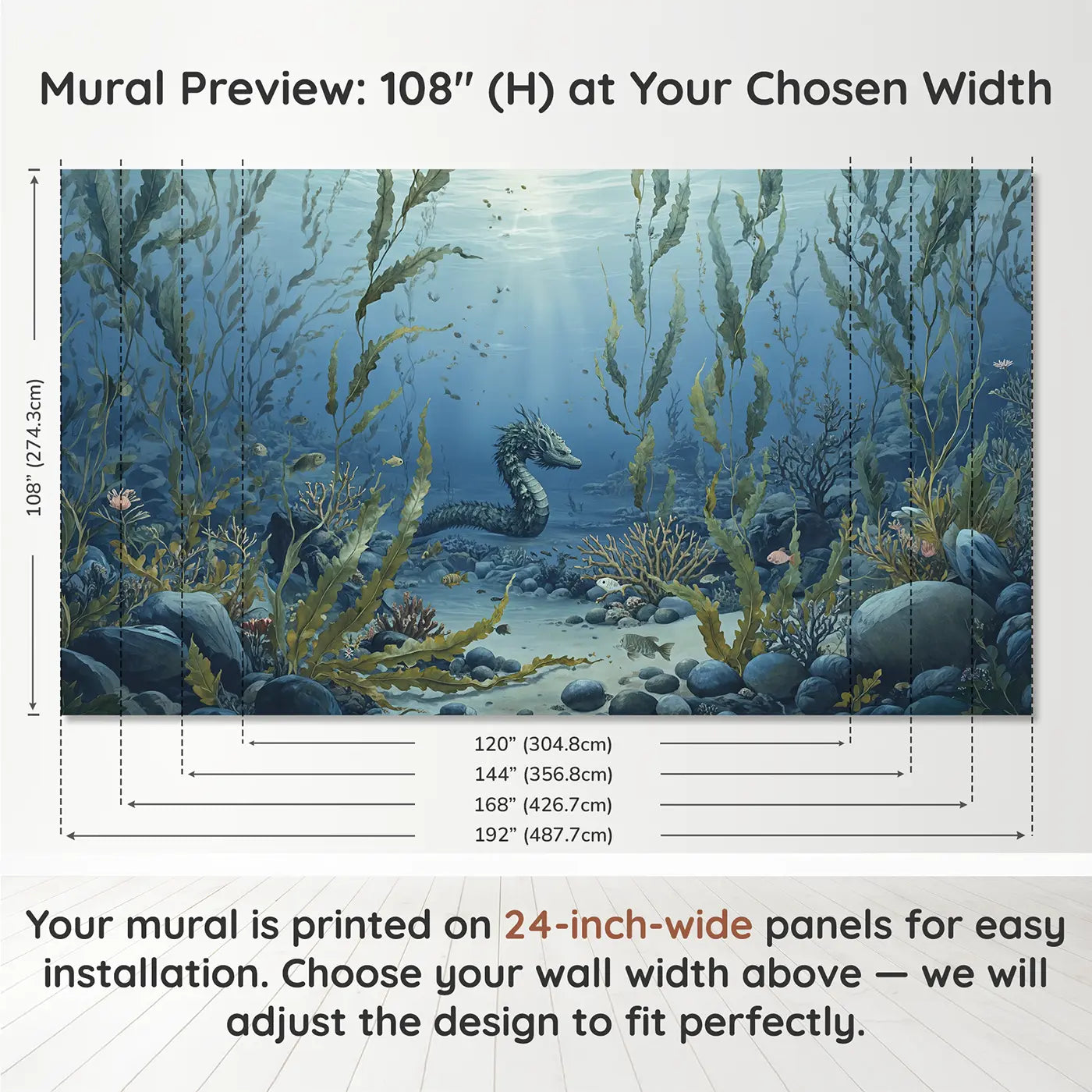Panel layout and dimensions for Sea Dragon Camouflaged As Wallpaper Mural by Whimsy Tots
