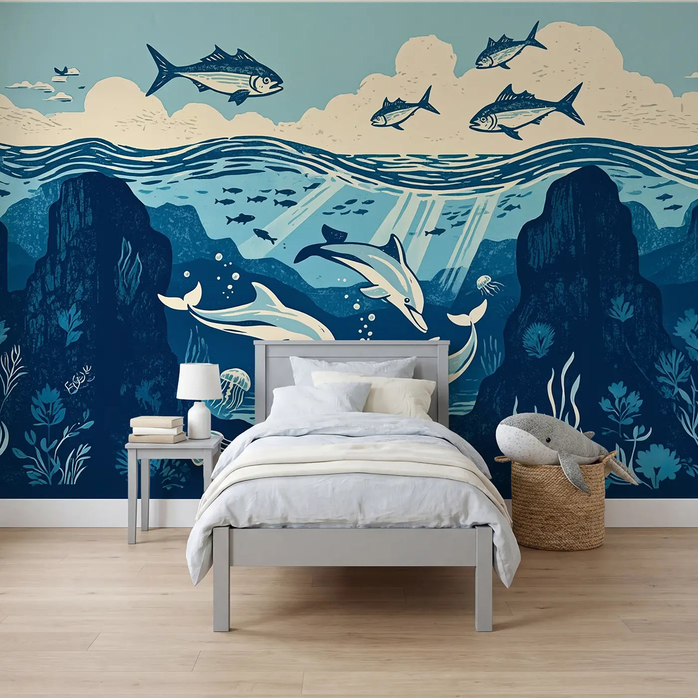 Block print dolphin flying fish ocean wallpaper mural for boys room by Whimsy Tots