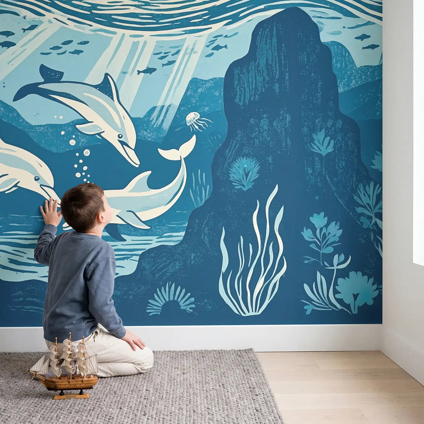 Child in nursery with Dolphins and Flying Fish Wallpaper Mural by Whimsy Tots
