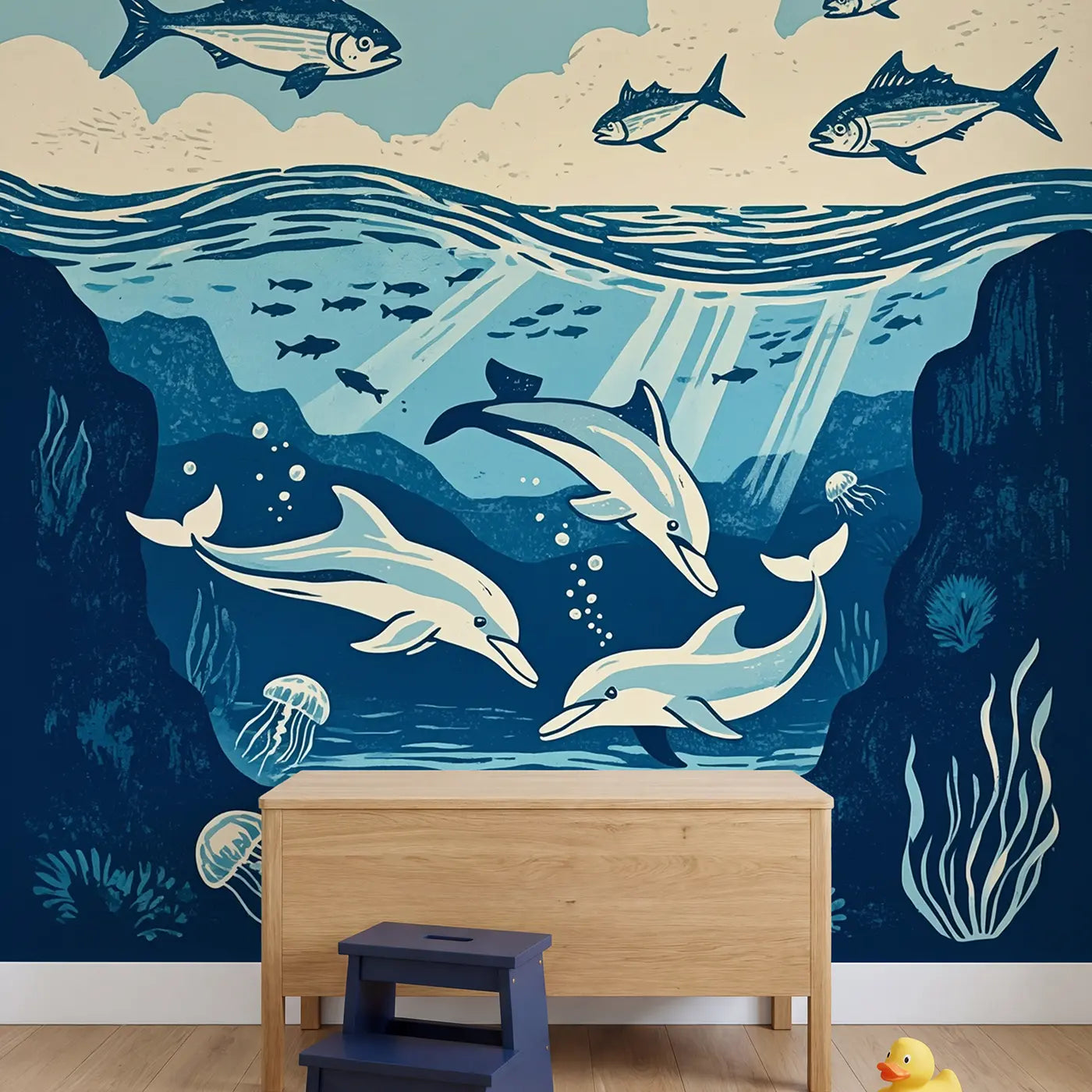 Dolphins and Flying Fish Wallpaper Mural in playroom setting by Whimsy Tots