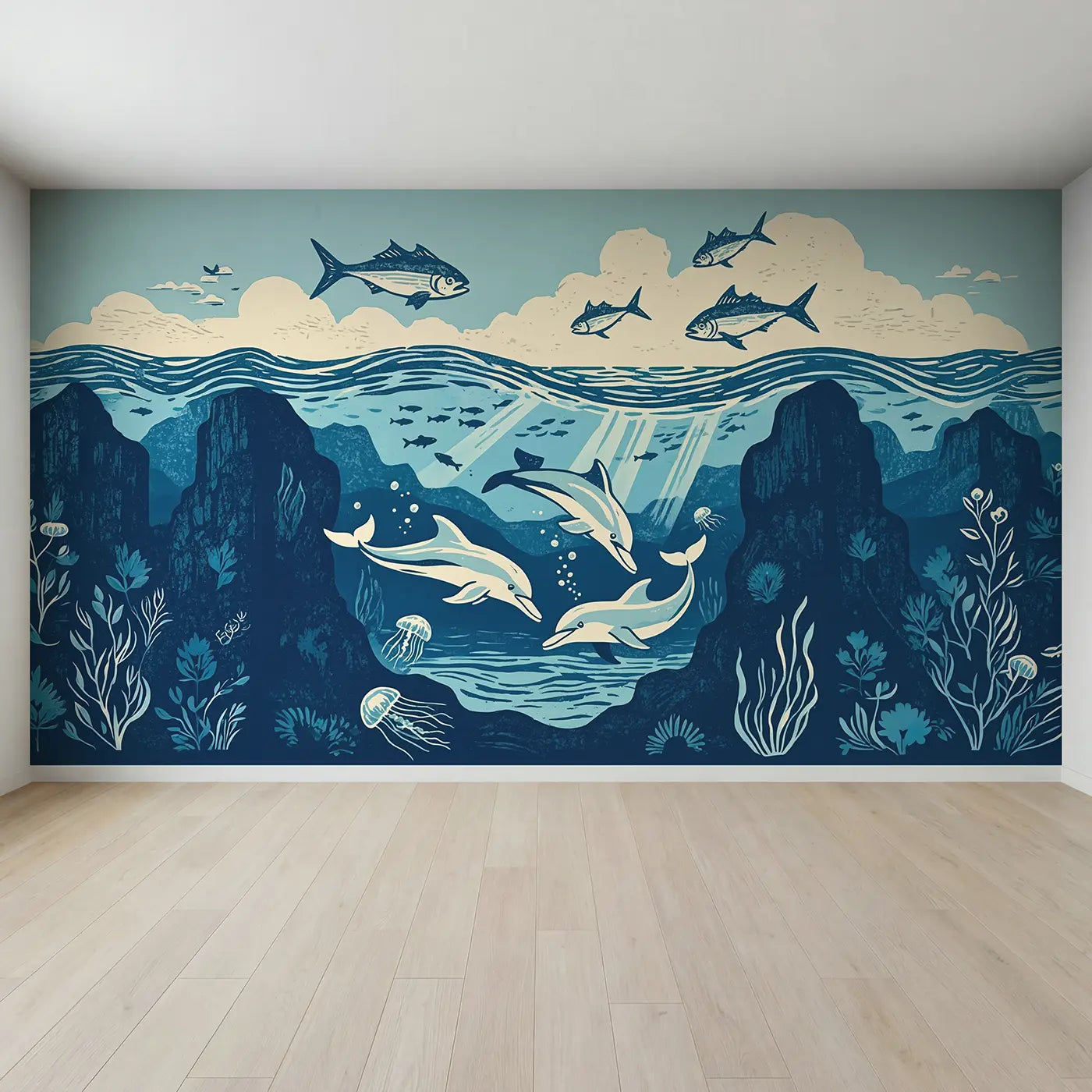 Full view of Dolphins and Flying Fish Wallpaper Mural by Whimsy Tots