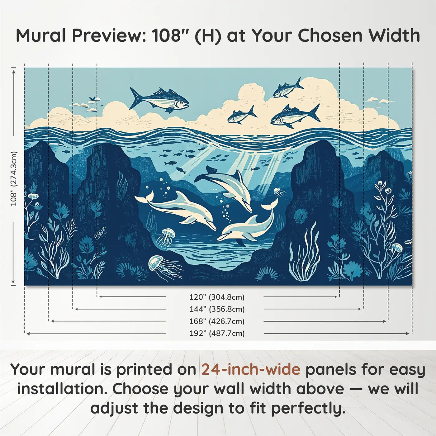 Panel layout and dimensions for Dolphins and Flying Fish Wallpaper Mural by Whimsy Tots