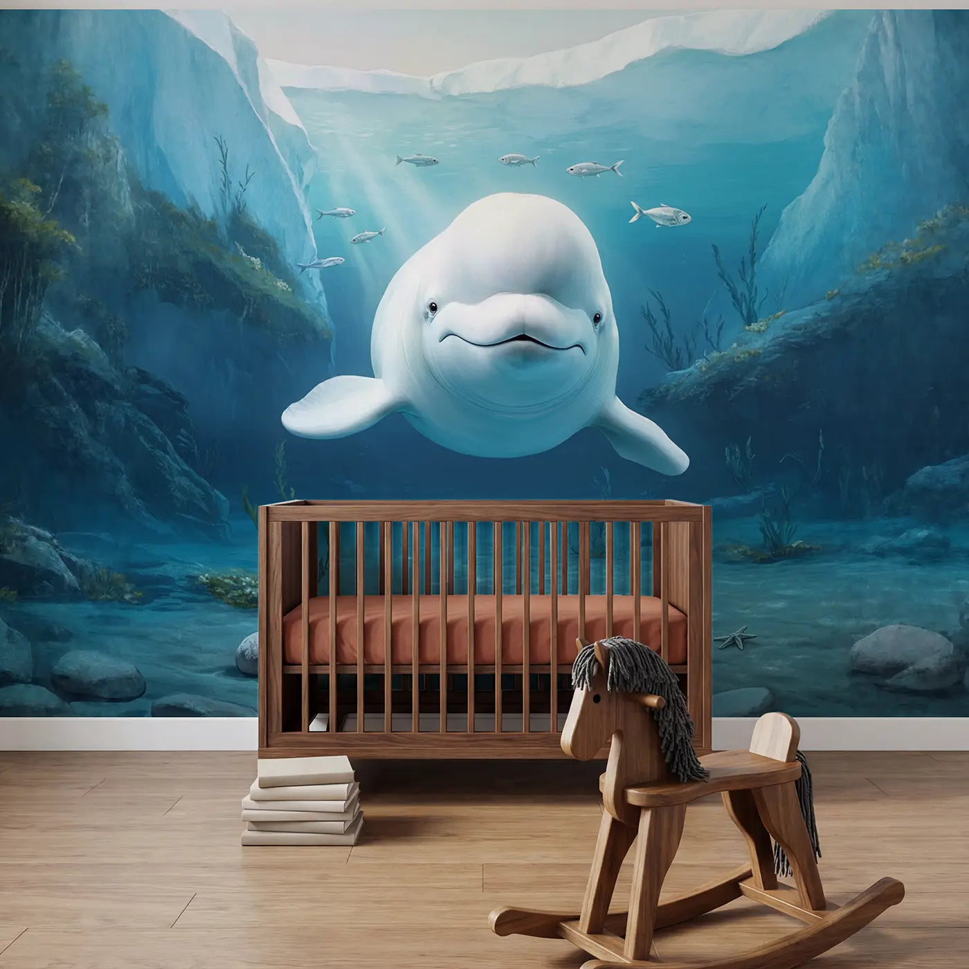 Soft pastel beluga whale ocean wallpaper mural for nursery by Whimsy Tots