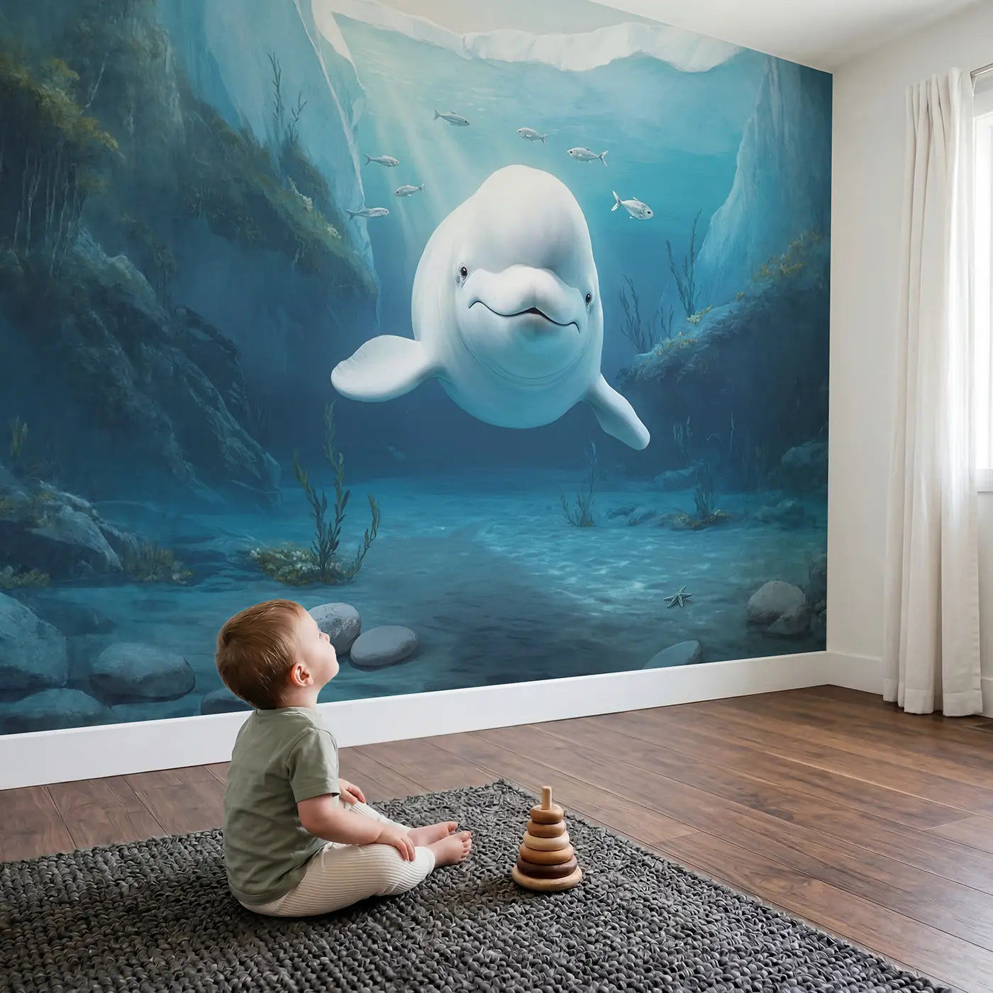 Child in nursery with Friendly Beluga Whale Wallpaper Mural by Whimsy Tots