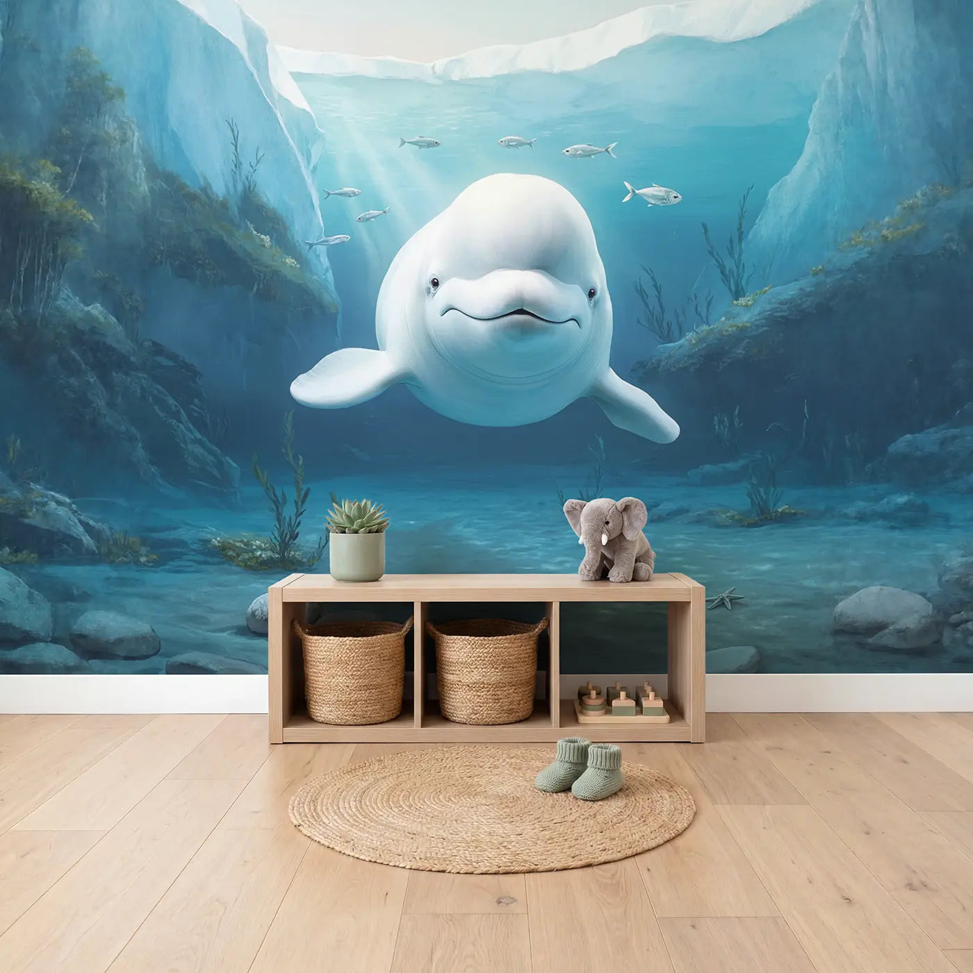 Friendly Beluga Whale Wallpaper Mural in playroom setting by Whimsy Tots