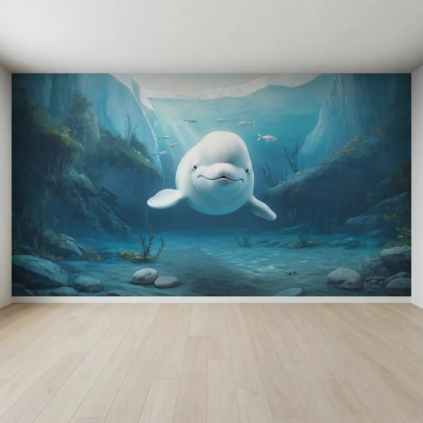 Full view of Friendly Beluga Whale Wallpaper Mural by Whimsy Tots
